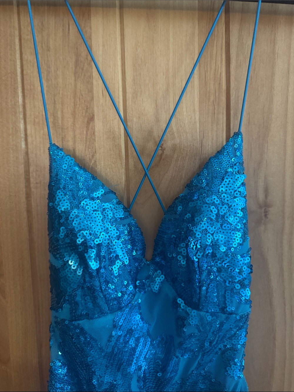 B Darlin Teal Sequin Crisscross Spaghetti Strap Formal Dress